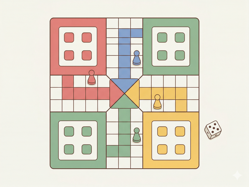 Plateau de Ludo vu de dessus, partie en cours